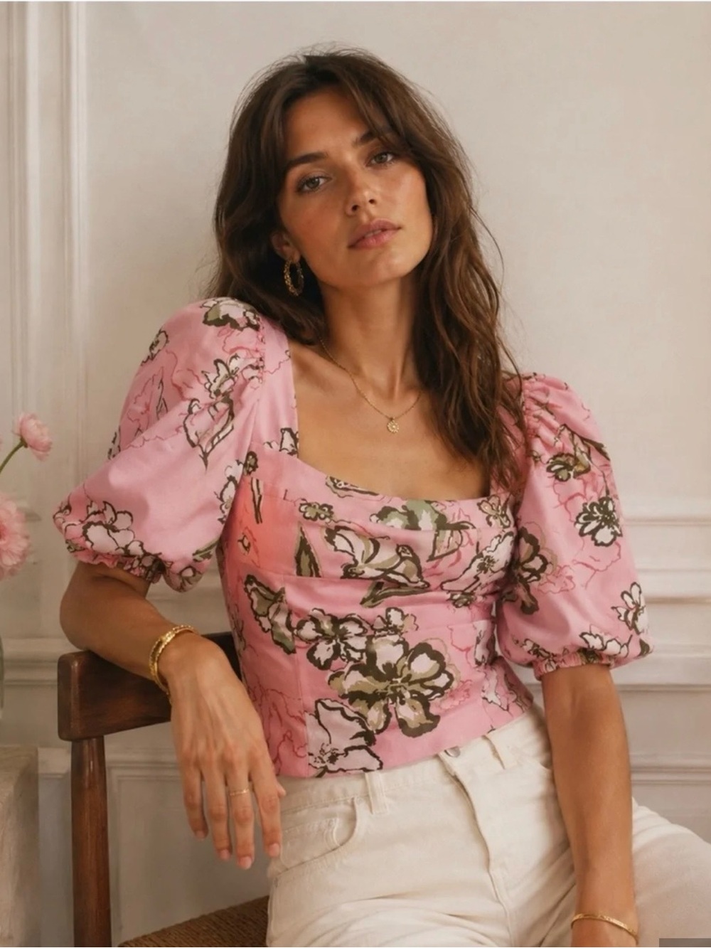 Zara Pink Floral Square Neck Puff Sleeve Top Size Medium